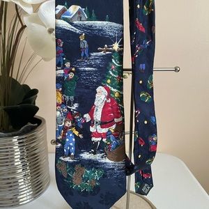 Oscar De La Renta Men's Neck Tie Christmas Santa Tree Presents Stars Silk Blue